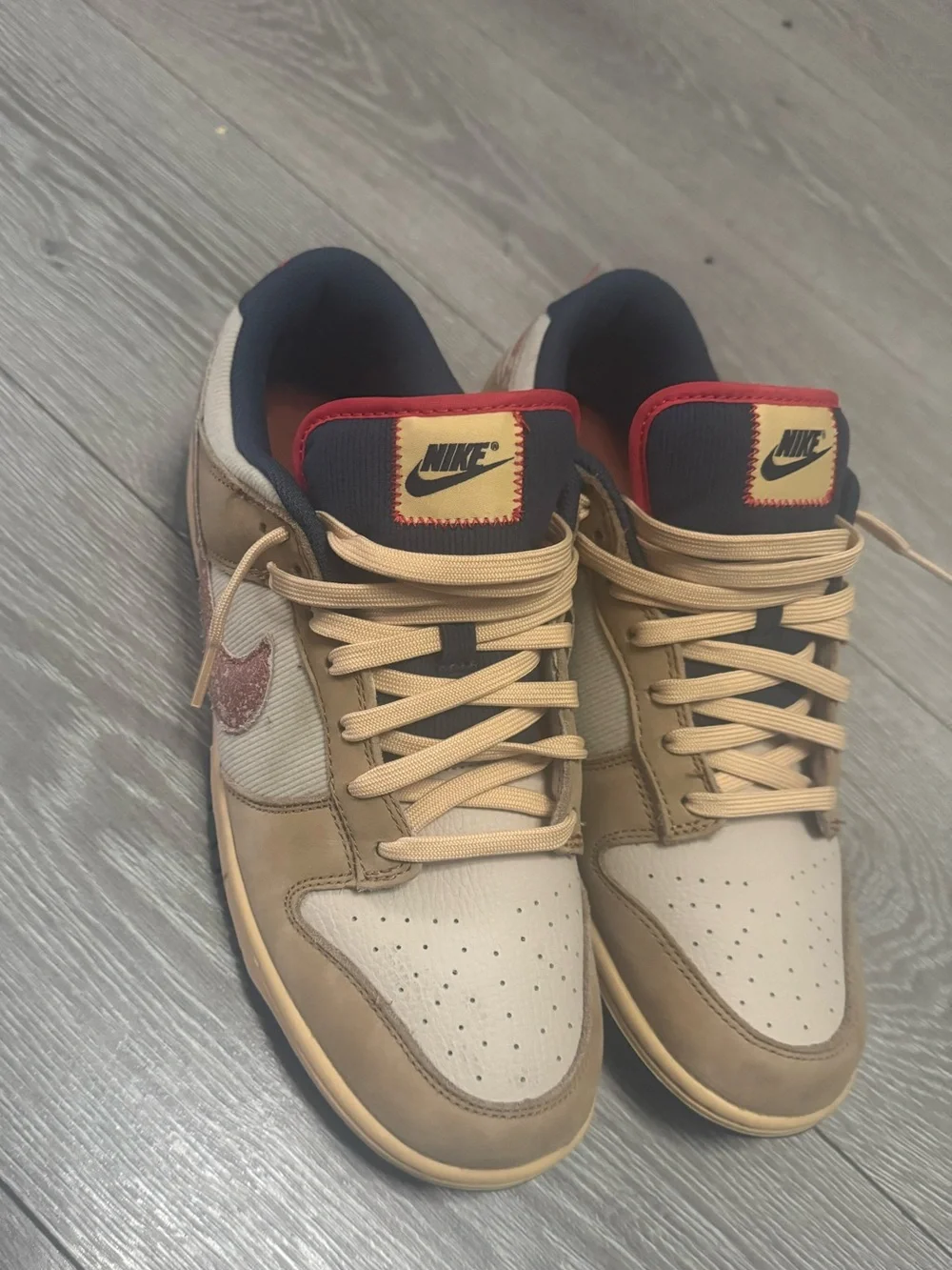 Nike Dunk Low Beige Red Navy Colorblock Leather Fabric Men’s